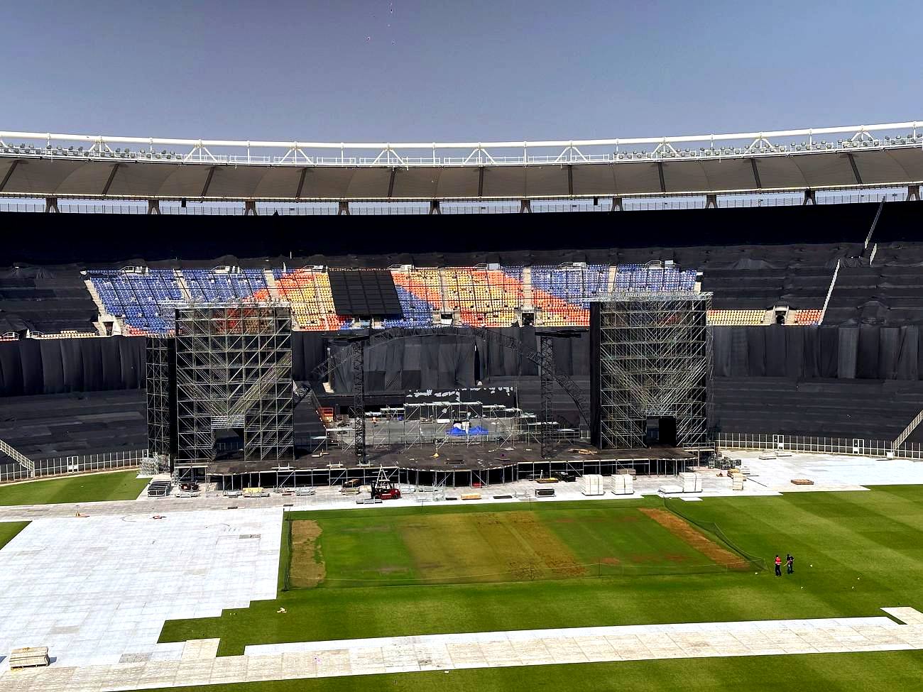 Coldplay Ahmedabad stage and screen tower build inside Narendra Modi Stadium