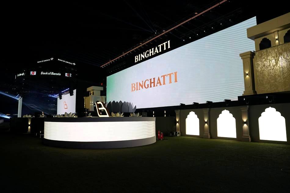 Binghatti brand launch stage with LED walls at night