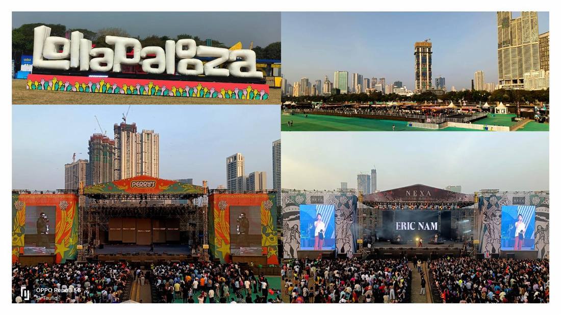 Lollapalooza India festival grounds with delay towers and Mumbai skyline
